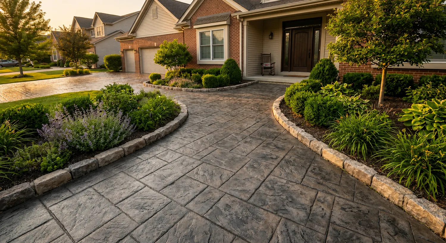 Stamped concrete path and driveway in Sudbury MA with stone border landscaping